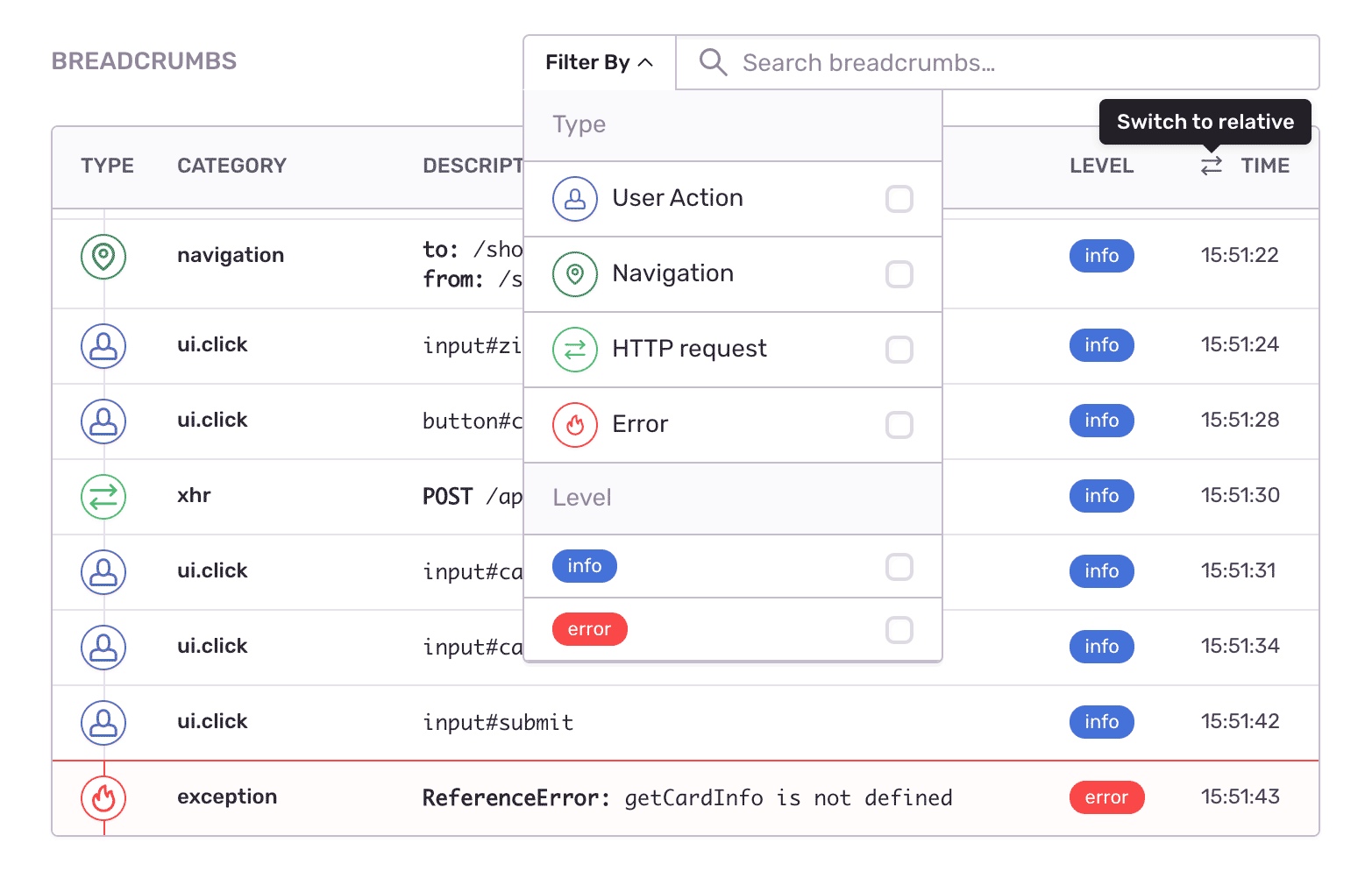 Breadcrumbs feature in Sentry, showing a list of events leading up to an error.