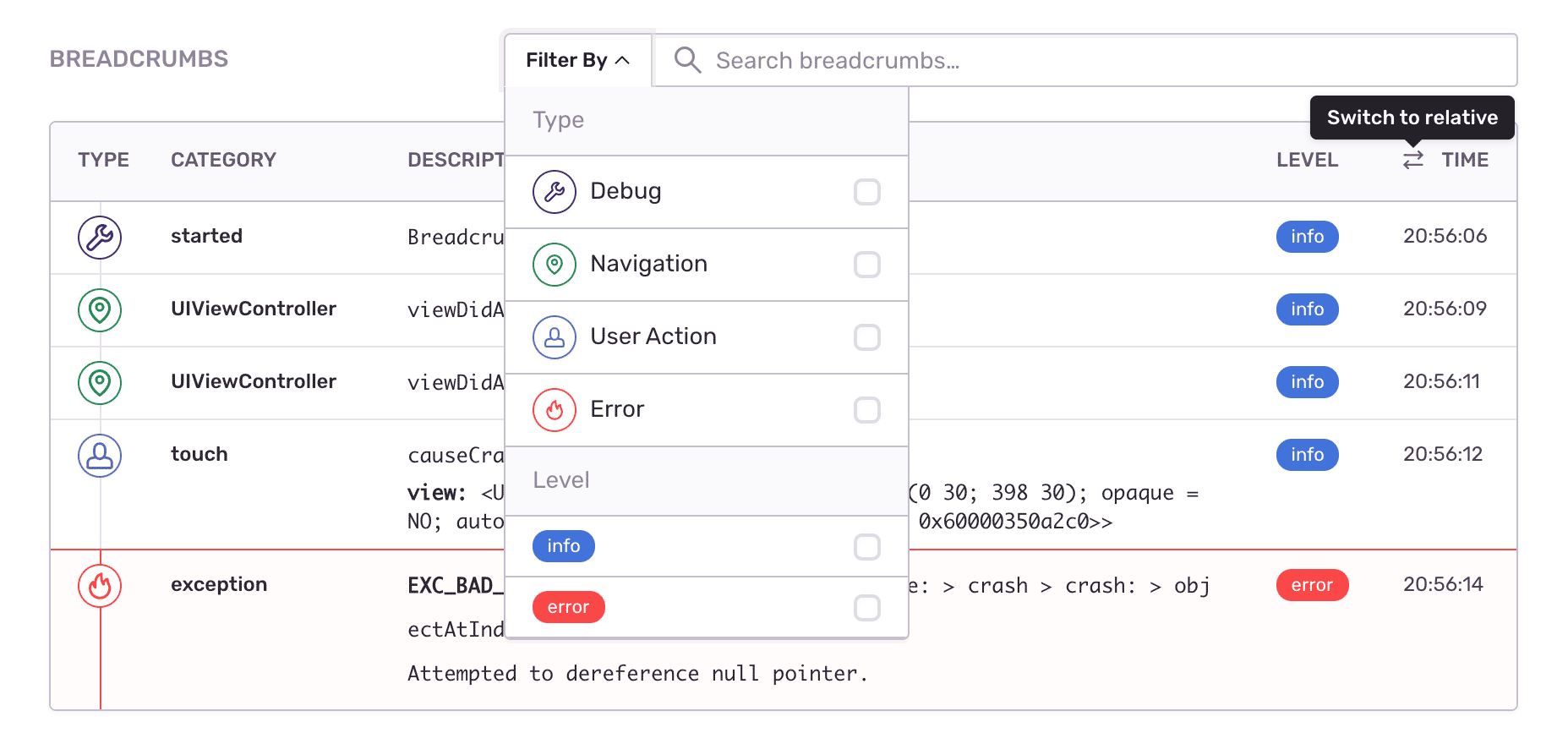Breadcrumbs feature in Sentry, showing a list of events leading up to an error, specifically on mobile.