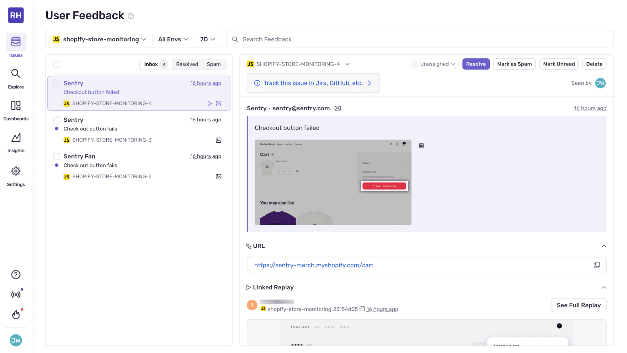 Screenshot of the Sentry User Feedback dashboard showing a reported Shopify checkout issue titled “Checkout button failed,” with an attached screenshot of the error and a linked session replay for debugging.